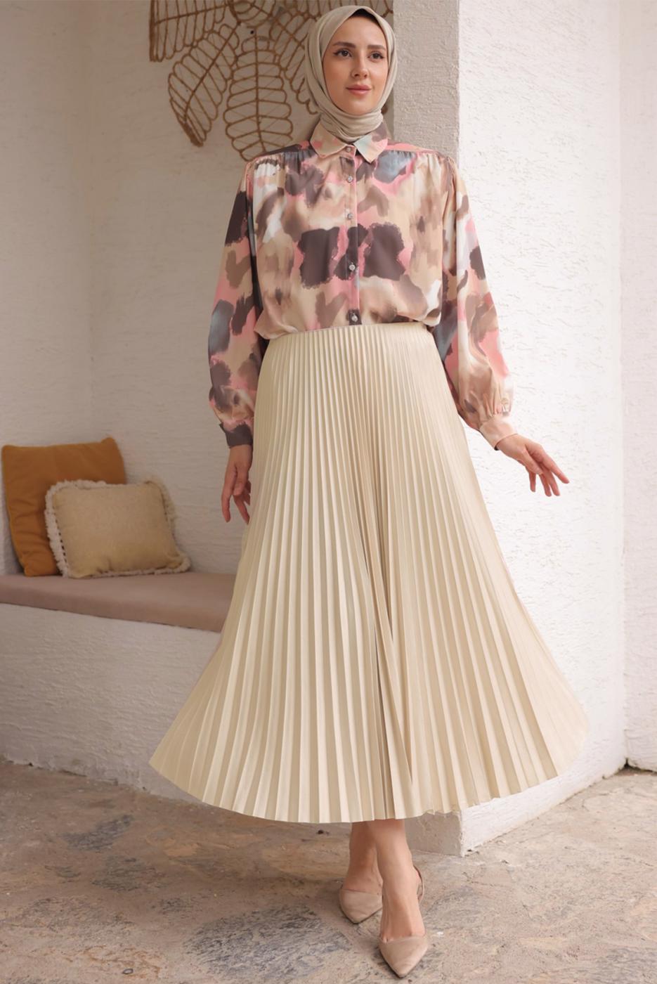Tesettür giyim BEJ PİLİSELİ ETEK T 9831