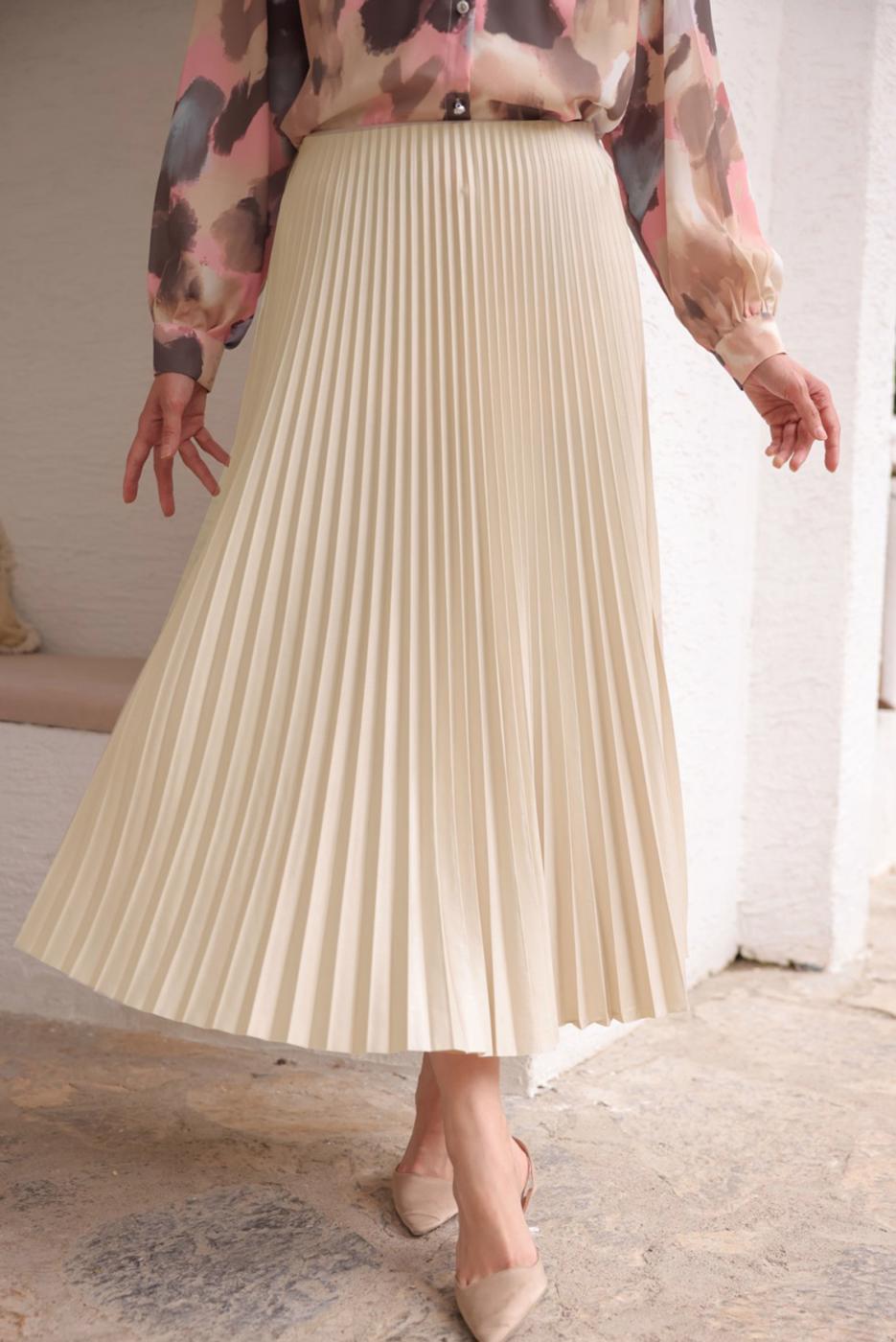 Tesettür giyim BEJ PİLİSELİ ETEK T 9831