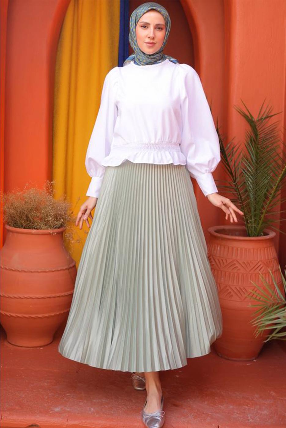 Tesettür giyim YEŞİL PİLİSELİ ETEK T 9831