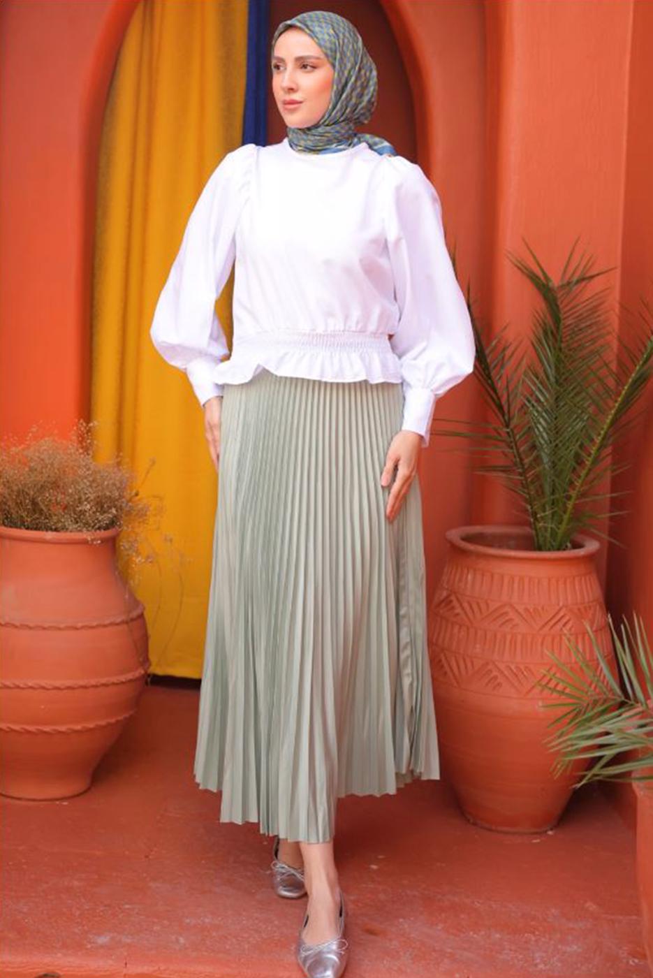 Tesettür giyim YEŞİL PİLİSELİ ETEK T 9831