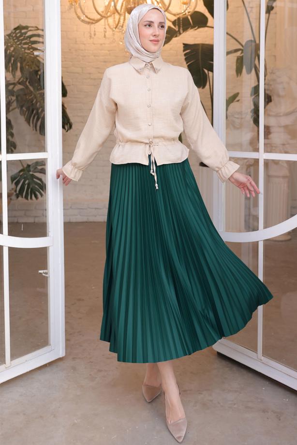 Tesettür giyim YEŞİL PİLİSELİ ETEK T 9831 - TRENDTESETTÜR