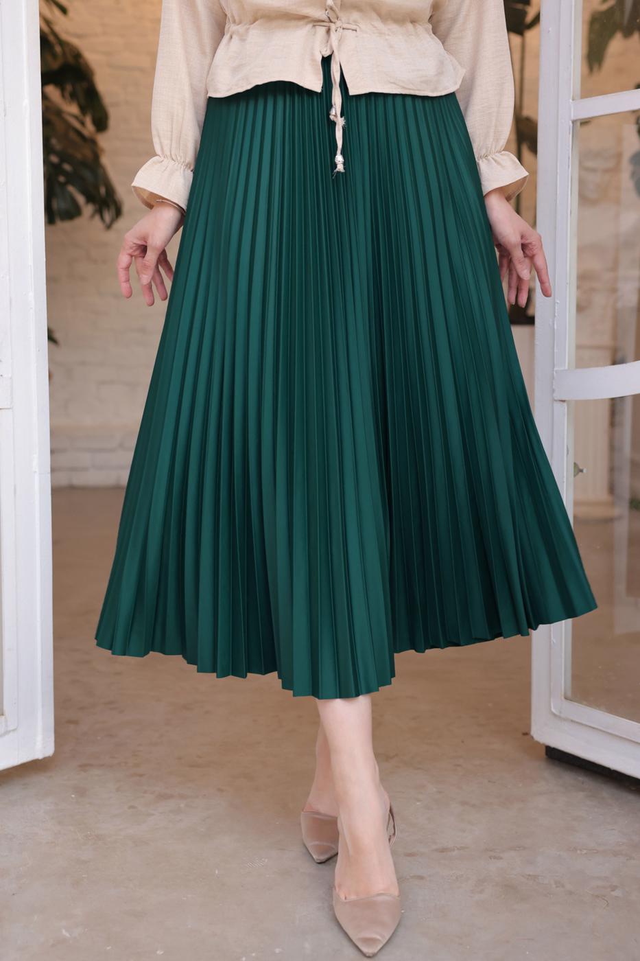 Tesettür giyim YEŞİL PİLİSELİ ETEK T 9831