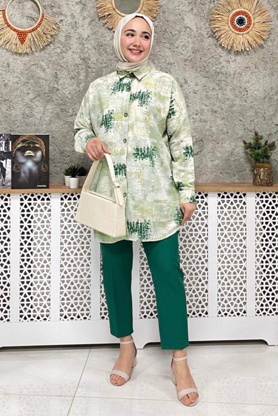 Tesettür giyim YEŞİL PAMUKLU TESETTÜR TUNİK T 4741