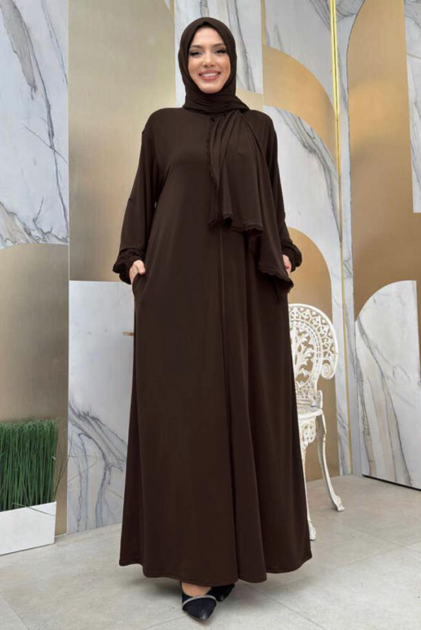 Tesettür giyim KAHVE FERMUARLI NAMAZ ELBİSESİ T 0106 - TRENDTESETTÜR