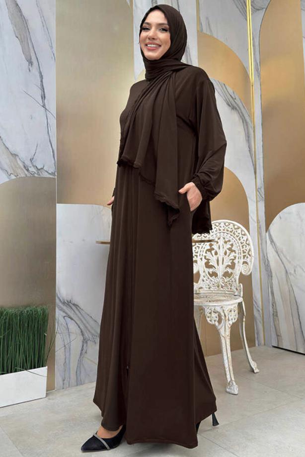 Tesettür giyim KAHVE FERMUARLI NAMAZ ELBİSESİ T 0106 - TRENDTESETTÜR