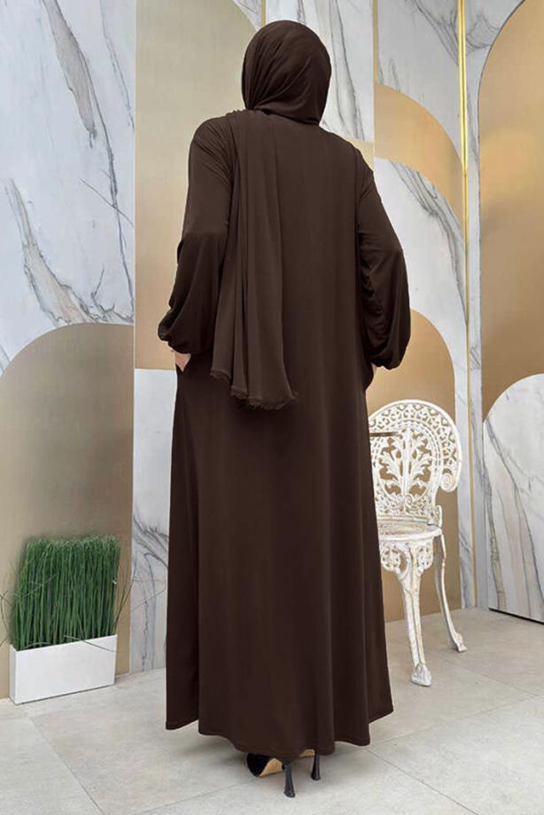 Tesettür giyim KAHVE FERMUARLI NAMAZ ELBİSESİ T 0106 - TRENDTESETTÜR