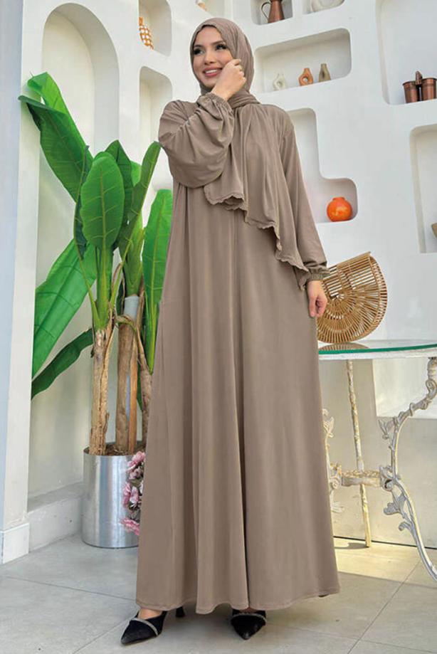 Tesettür giyim VİZON FERMUARLI NAMAZ ELBİSESİ T 0106 - TRENDTESETTÜR