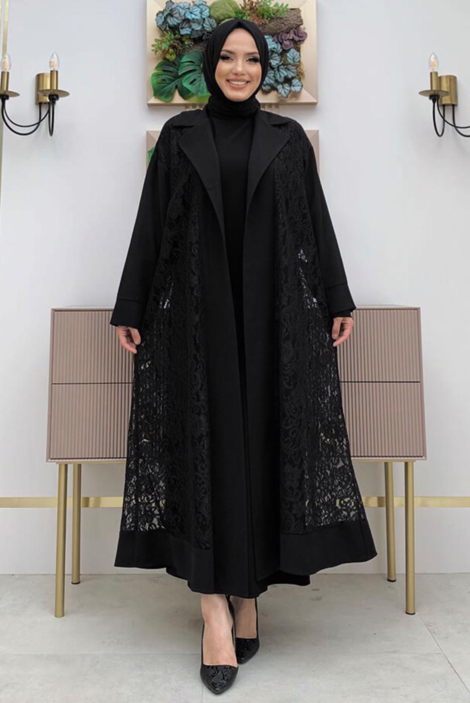 Tesettür giyim SİYAH DANTELLİ ABAYA T 0387
