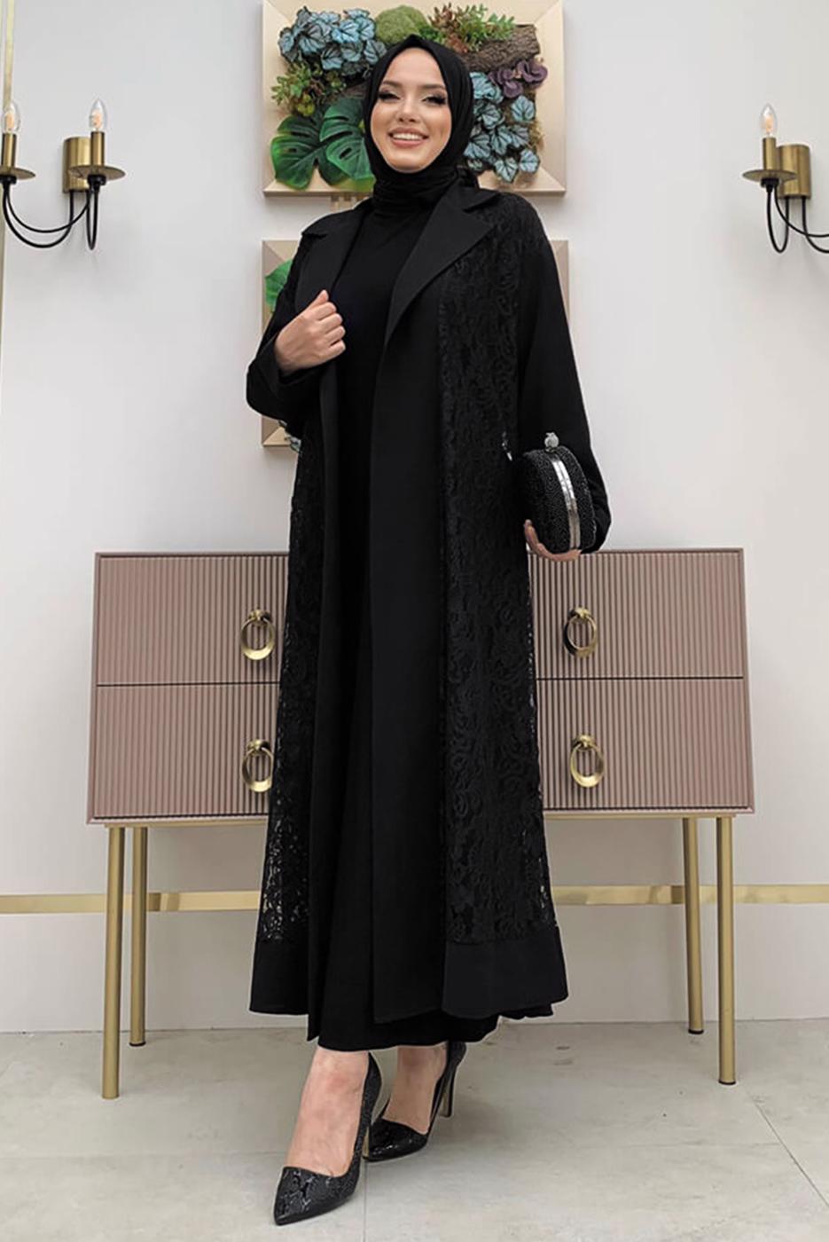 Tesettür giyim SİYAH DANTELLİ ABAYA T 0387