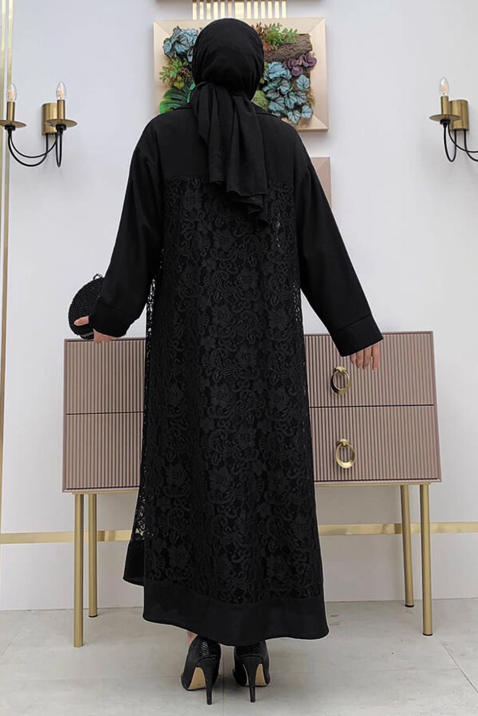 Tesettür giyim SİYAH DANTELLİ ABAYA T 0387