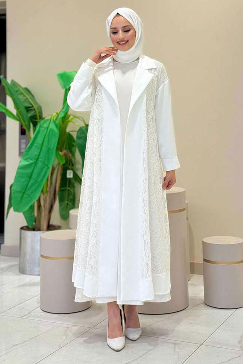 Tesettür giyim EKRU DANTELLİ ABAYA T 0387