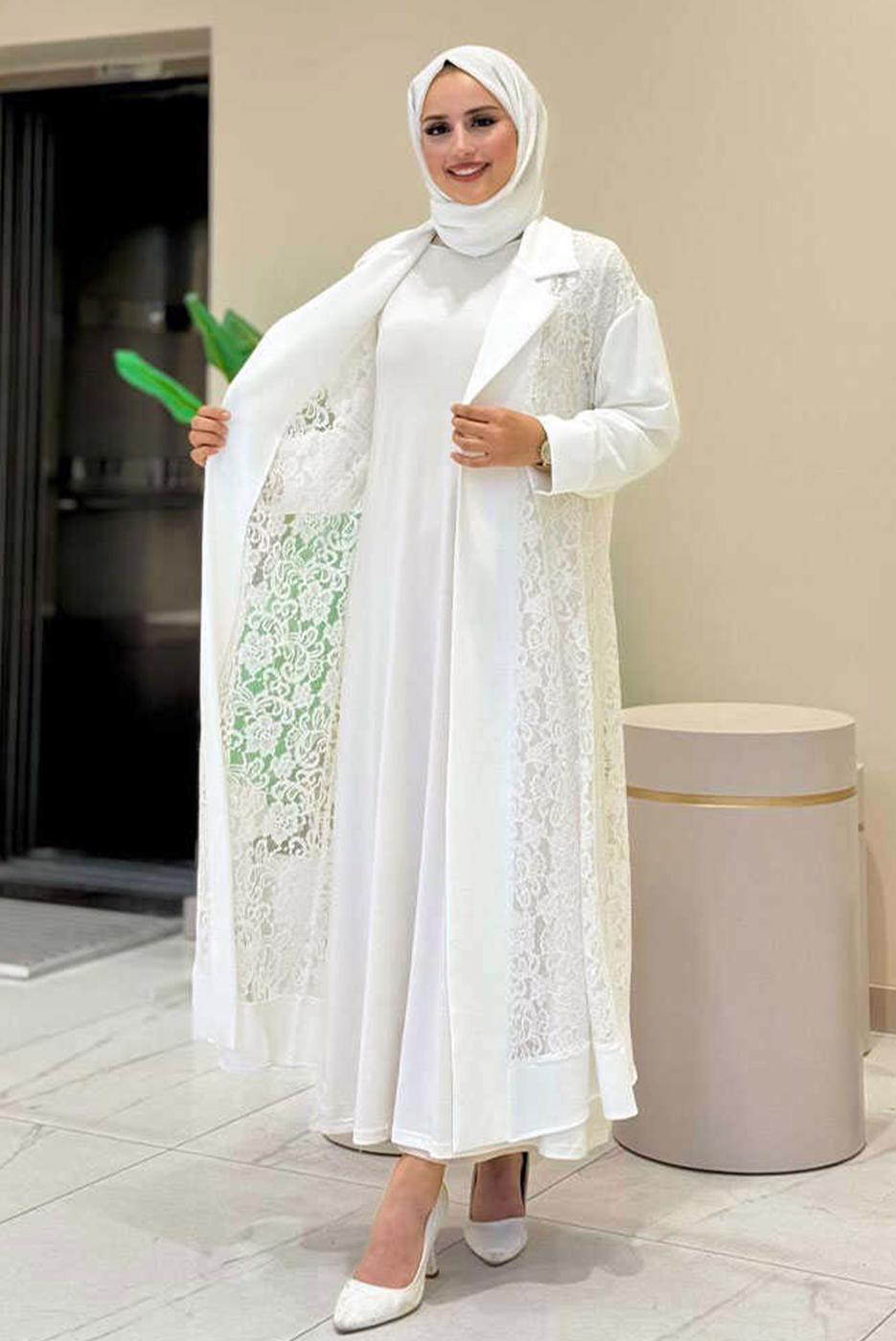 Tesettür giyim EKRU DANTELLİ ABAYA T 0387