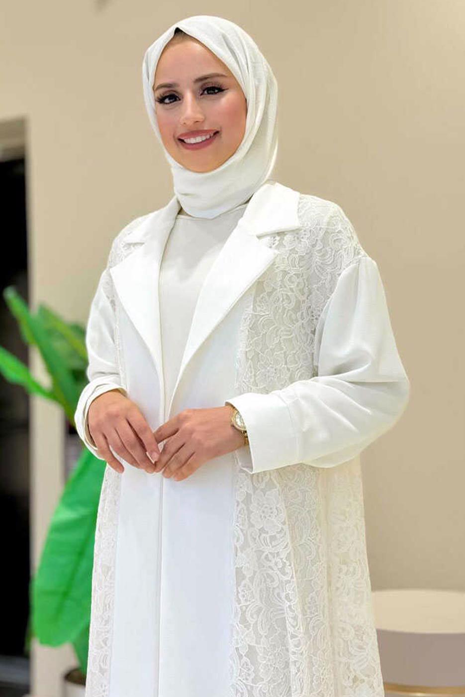 Tesettür giyim EKRU DANTELLİ ABAYA T 0387