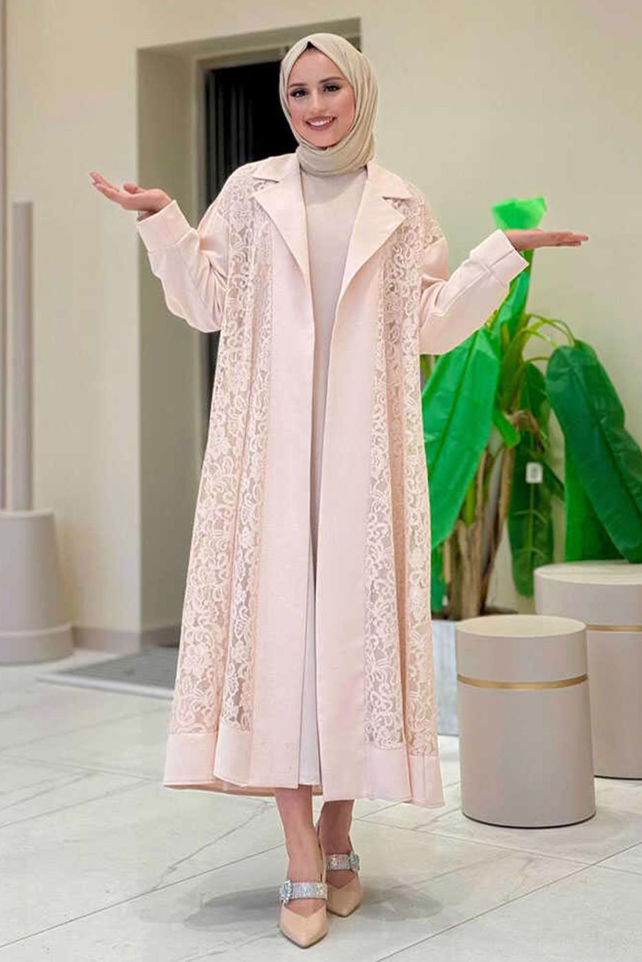 Tesettür giyim BEJ DANTELLİ ABAYA T 0387