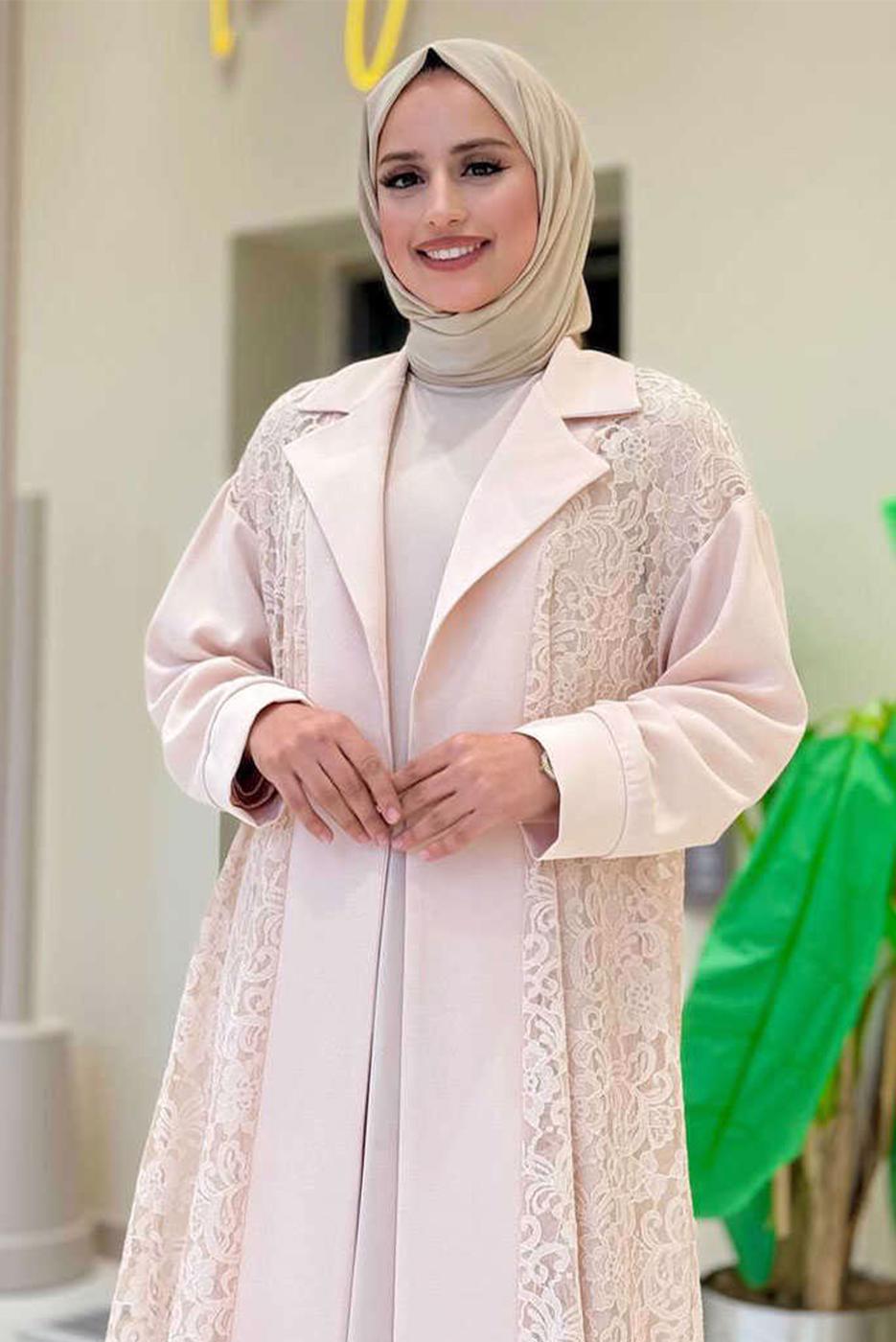Tesettür giyim BEJ DANTELLİ ABAYA T 0387