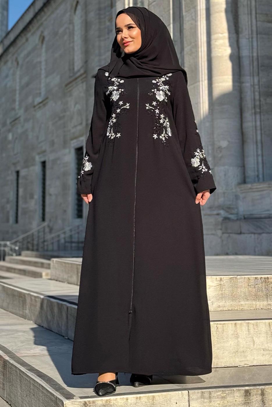 Tesettür giyim SİYAH İŞLEME DETAYLI FERACE T 5987