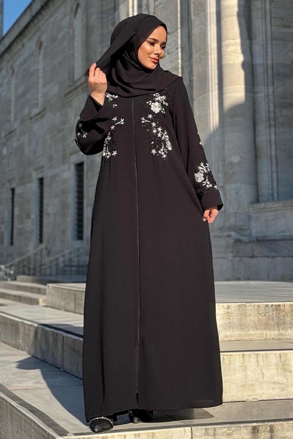 Tesettür giyim SİYAH İŞLEME DETAYLI FERACE T 5987