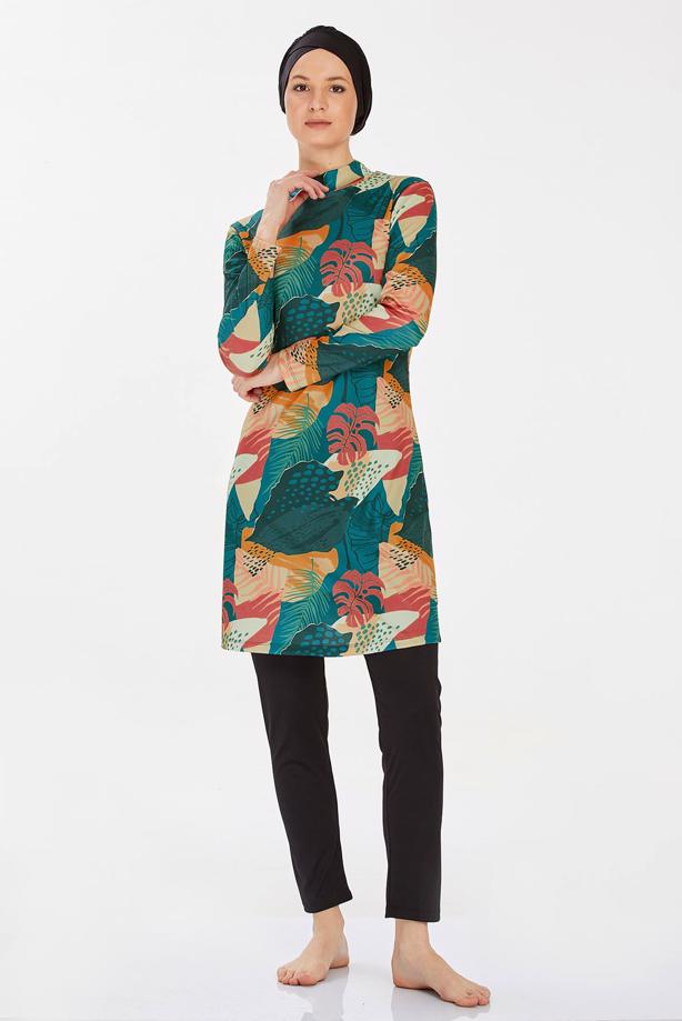 Vêtements hijab NOIR MAILLOT DE BAIN HIJAB À MOTIFS T 9210 - TRENDTESETTÜR