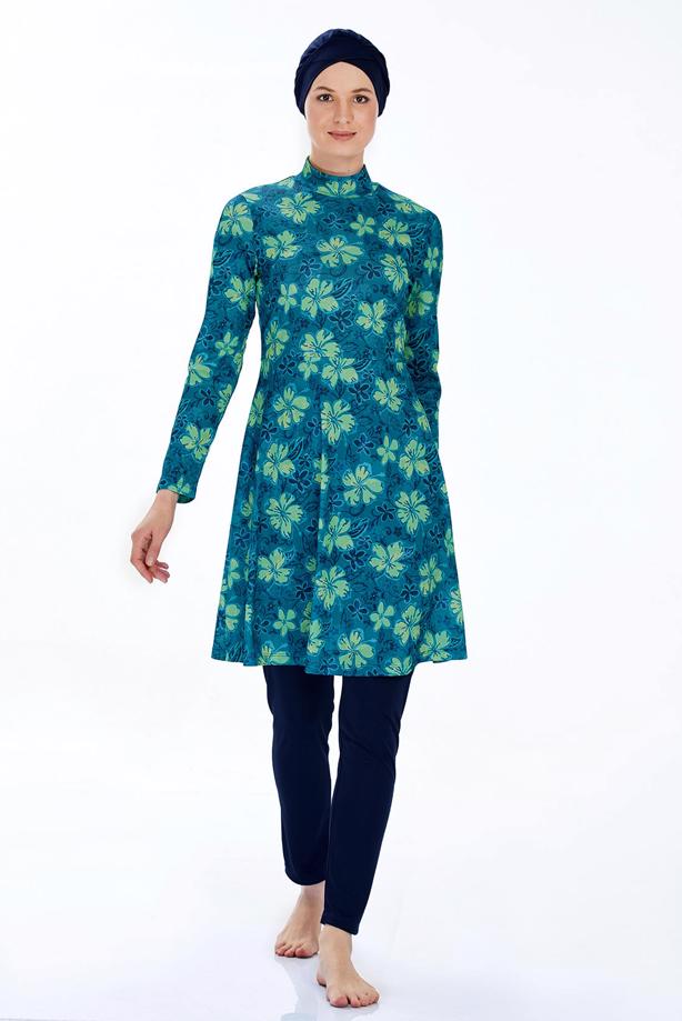 Vêtements hijab BLEU MARINE MAILLOT DE BAIN HIJAB À MOTIFS T 9221 - TRENDTESETTÜR