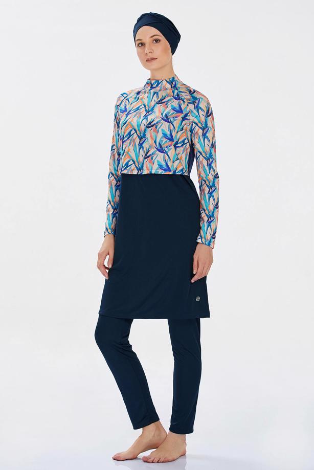 Vêtements hijab BLEU MARINE MAILLOT DE BAIN HIJAB À MOTIFS T 9235 - TRENDTESETTÜR