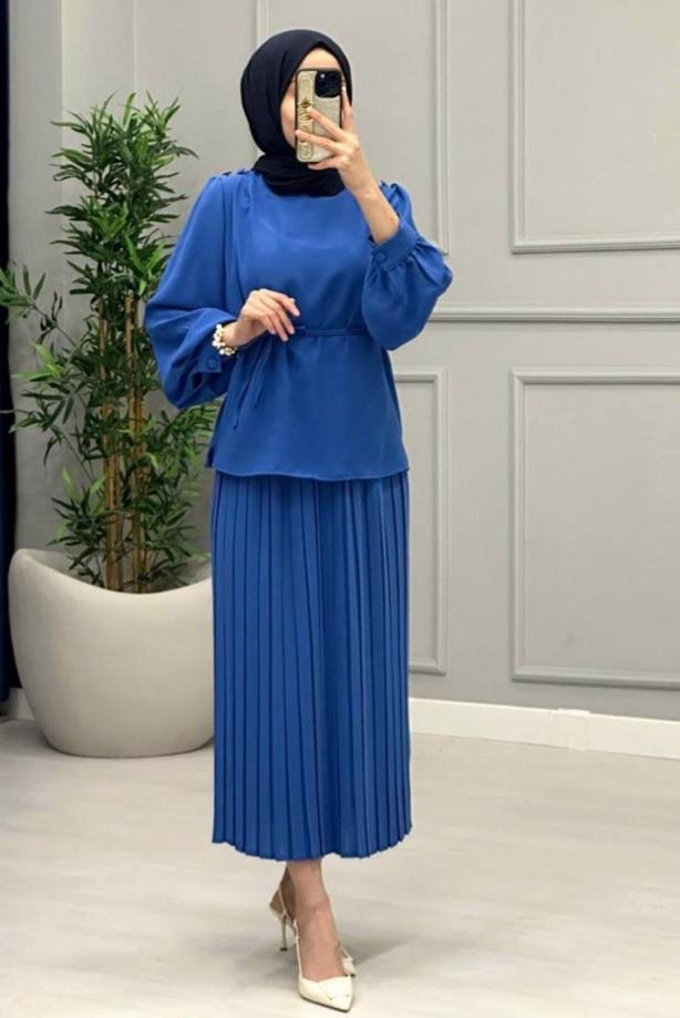 Tesettür giyim LACİVERT PİLİSELİ ETEKLİ TAKIM T 0251 - TRENDTESETTÜR