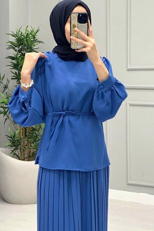 Tesettür giyim LACİVERT PİLİSELİ ETEKLİ TAKIM T 0251 - TRENDTESETTÜR