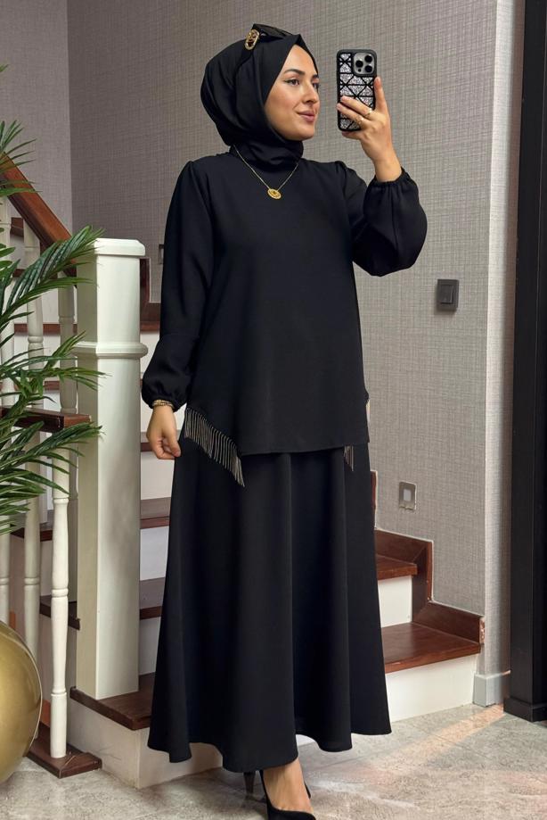 Hijab clothing BLACK FRINGED SKIRTED SUIT T 1203 - TRENDTESETTÜR