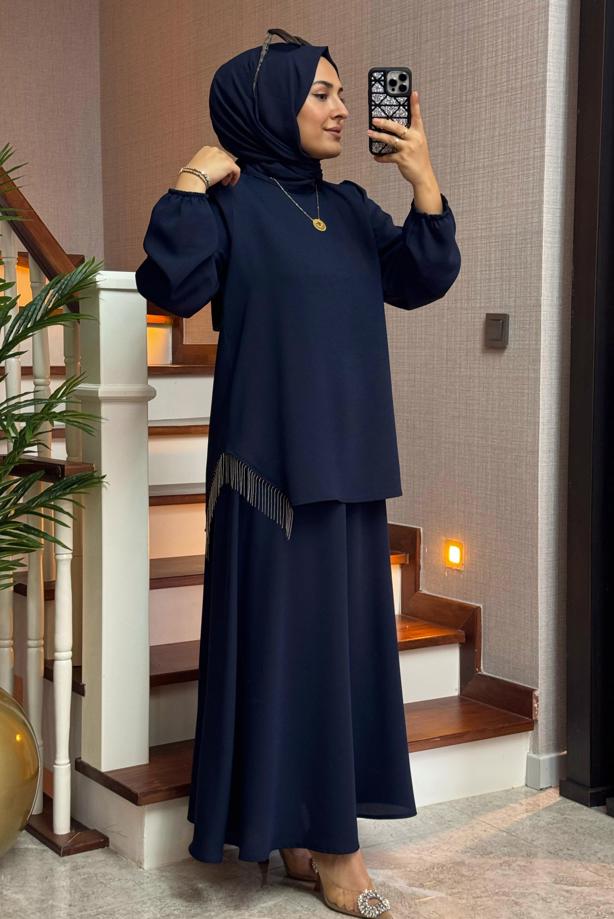 Hijab clothing NAVY BLUE FRINGED SKIRTED SUIT T 1203 - TRENDTESETTÜR