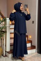 Tesettür giyim LACİVERT PÜSKÜL DETAYLI ETEKLİ TAKIM T 1203