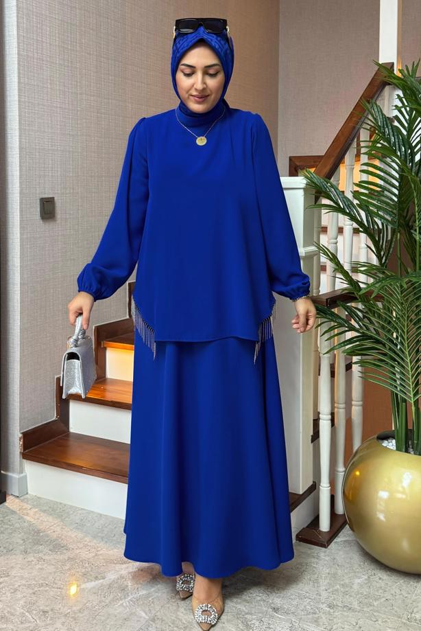 Hijab clothing NAVY BLUE FRINGED SKIRTED SUIT T 1203 - TRENDTESETTÜR