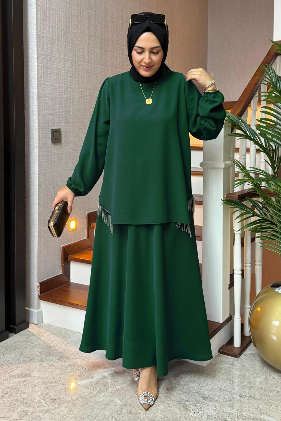 Vêtements hijab VERT COSTUME À JUPE À FRANGES T 1203