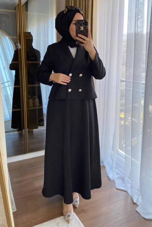 Hijab clothing BLACK DOUBLE BREASTED SKIRTED SUIT T 1252 - TRENDTESETTÜR