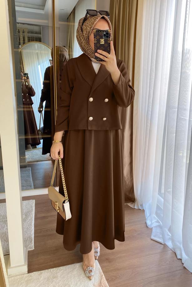 Hijab clothing BROWN DOUBLE BREASTED SKIRTED SUIT T 1252 - TRENDTESETTÜR