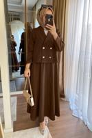 Tesettür giyim KAHVE KRUVAZE YAKA ETEKLİ TAKIM T 1252