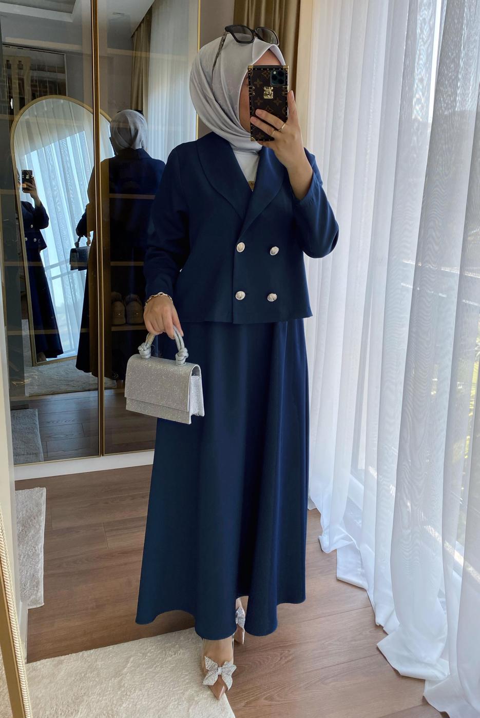 Hijab clothing NAVY BLUE DOUBLE BREASTED SKIRTED SUIT T 1252