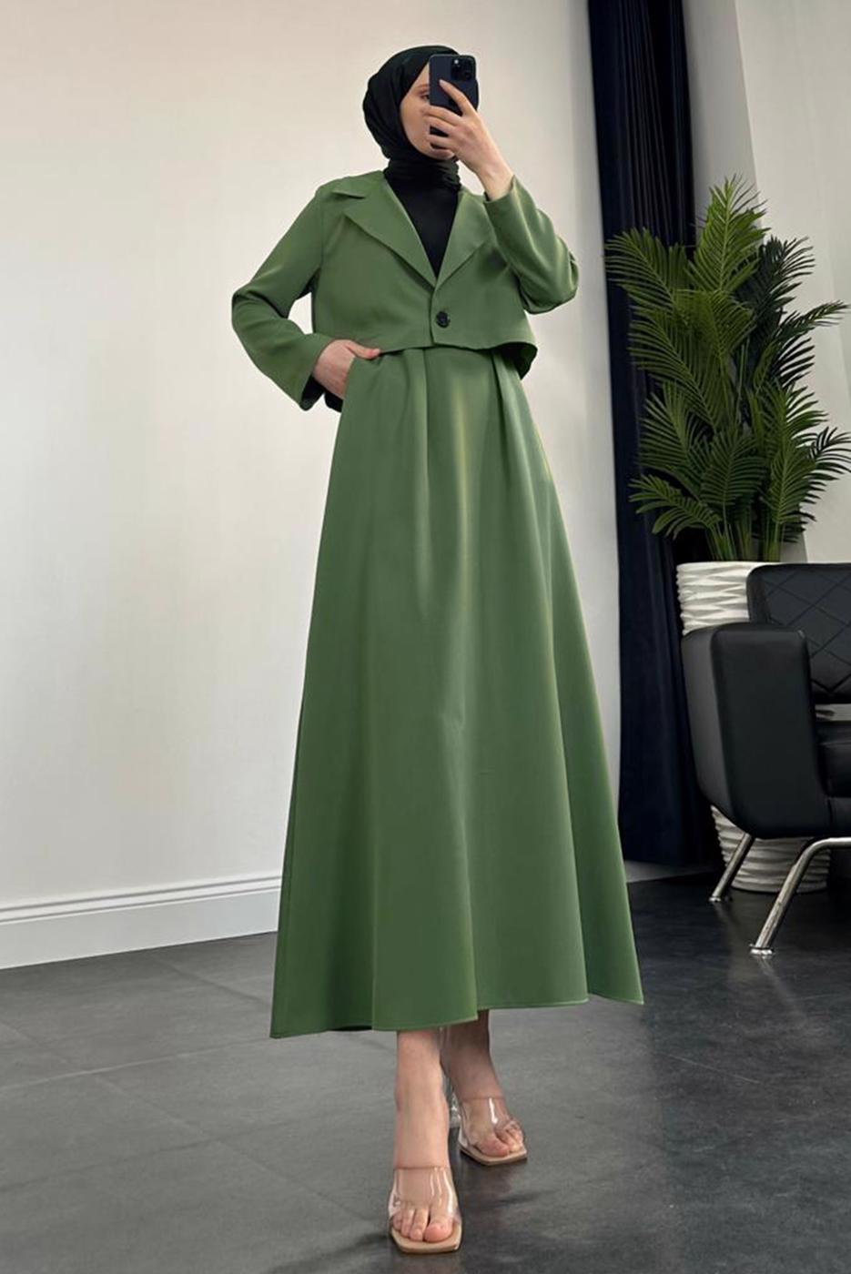 Tesettür giyim HAKİ CEKETLİ ETEKLİ TAKIM T 1427