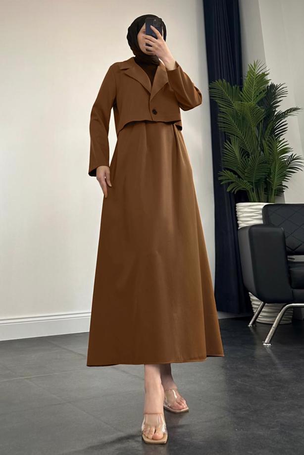 Tesettür giyim TABA CEKETLİ ETEKLİ TAKIM T 1427 - TRENDTESETTÜR