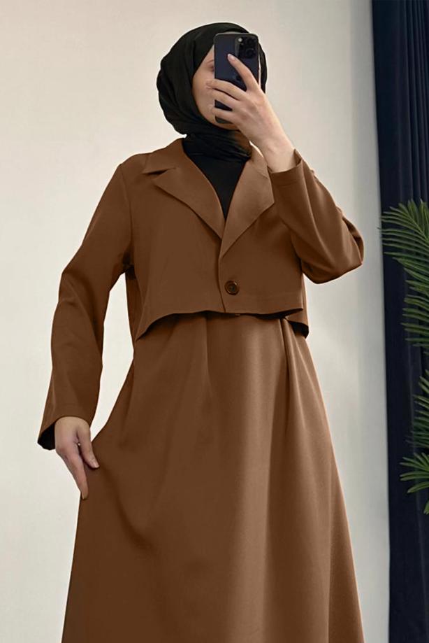 Tesettür giyim TABA CEKETLİ ETEKLİ TAKIM T 1427 - TRENDTESETTÜR