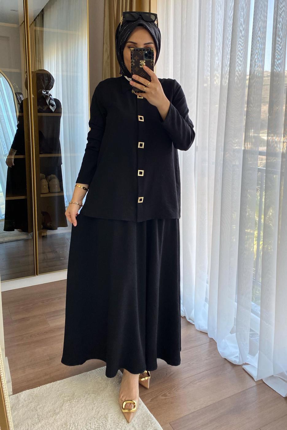 Tesettür giyim SİYAH BELİ LASTİKLİ ETEKLİ TAKIM T 1907