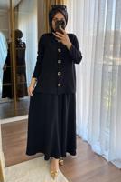 Tesettür giyim SİYAH BELİ LASTİKLİ ETEKLİ TAKIM T 1907