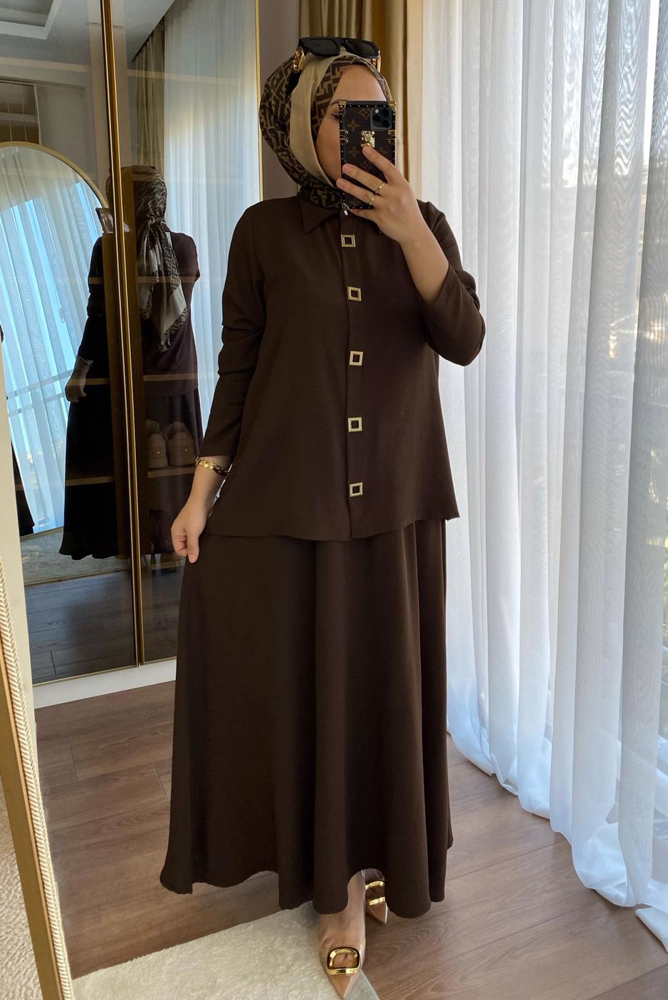 Tesettür giyim KAHVE BELİ LASTİKLİ ETEKLİ TAKIM T 1907