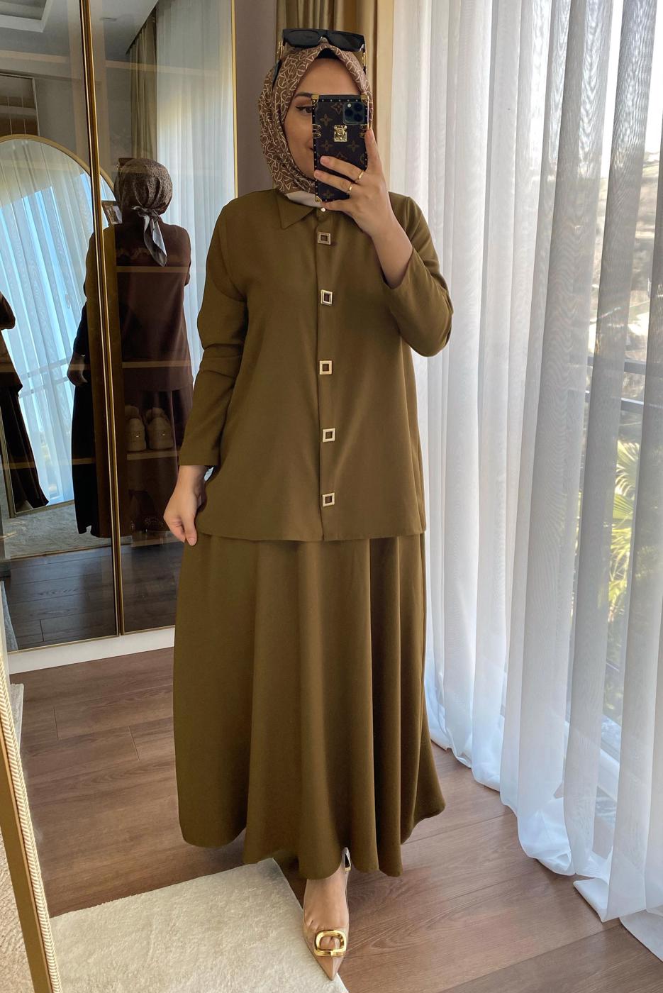 Tesettür giyim TABA BELİ LASTİKLİ ETEKLİ TAKIM T 1907