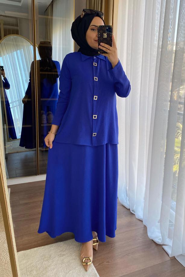 Tesettür giyim LACİVERT BELİ LASTİKLİ ETEKLİ TAKIM T 1907 - TRENDTESETTÜR