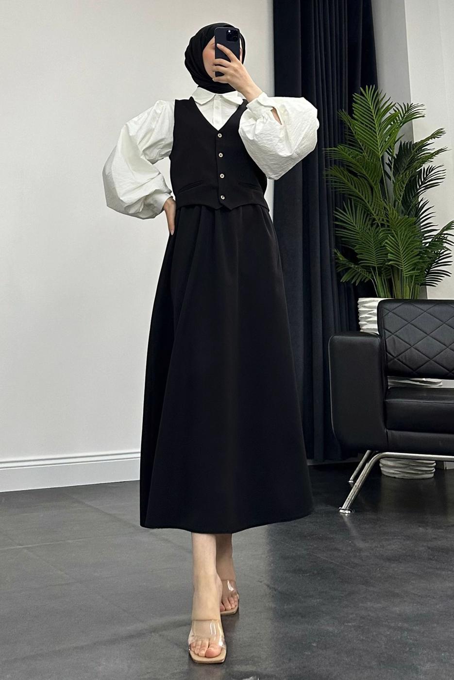 Tesettür giyim SİYAH YELEKLİ ETEKLİ TAKIM T 3835