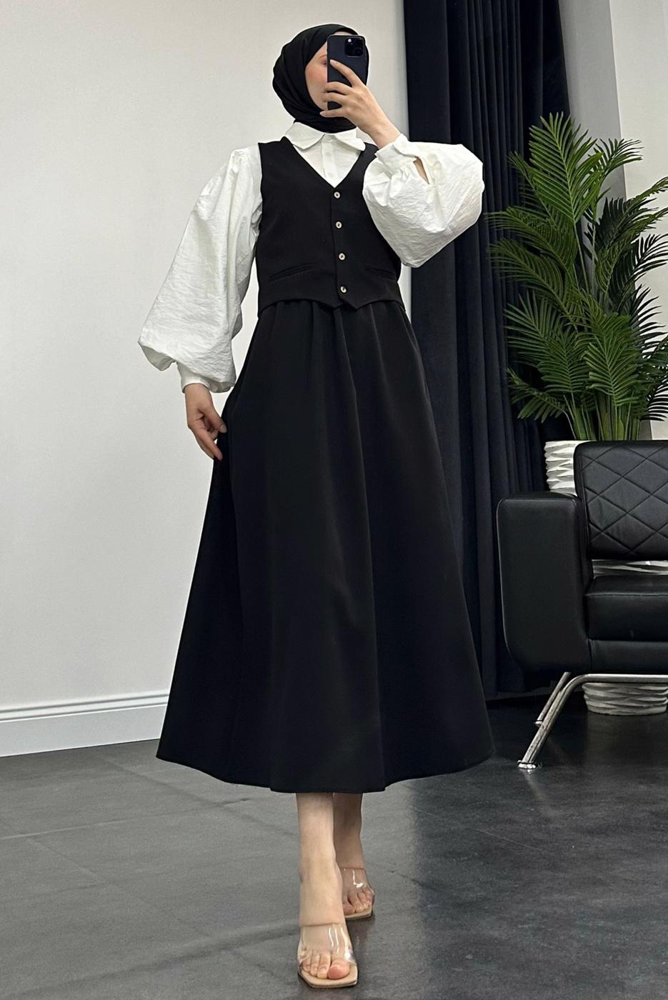 Tesettür giyim SİYAH YELEKLİ ETEKLİ TAKIM T 3835
