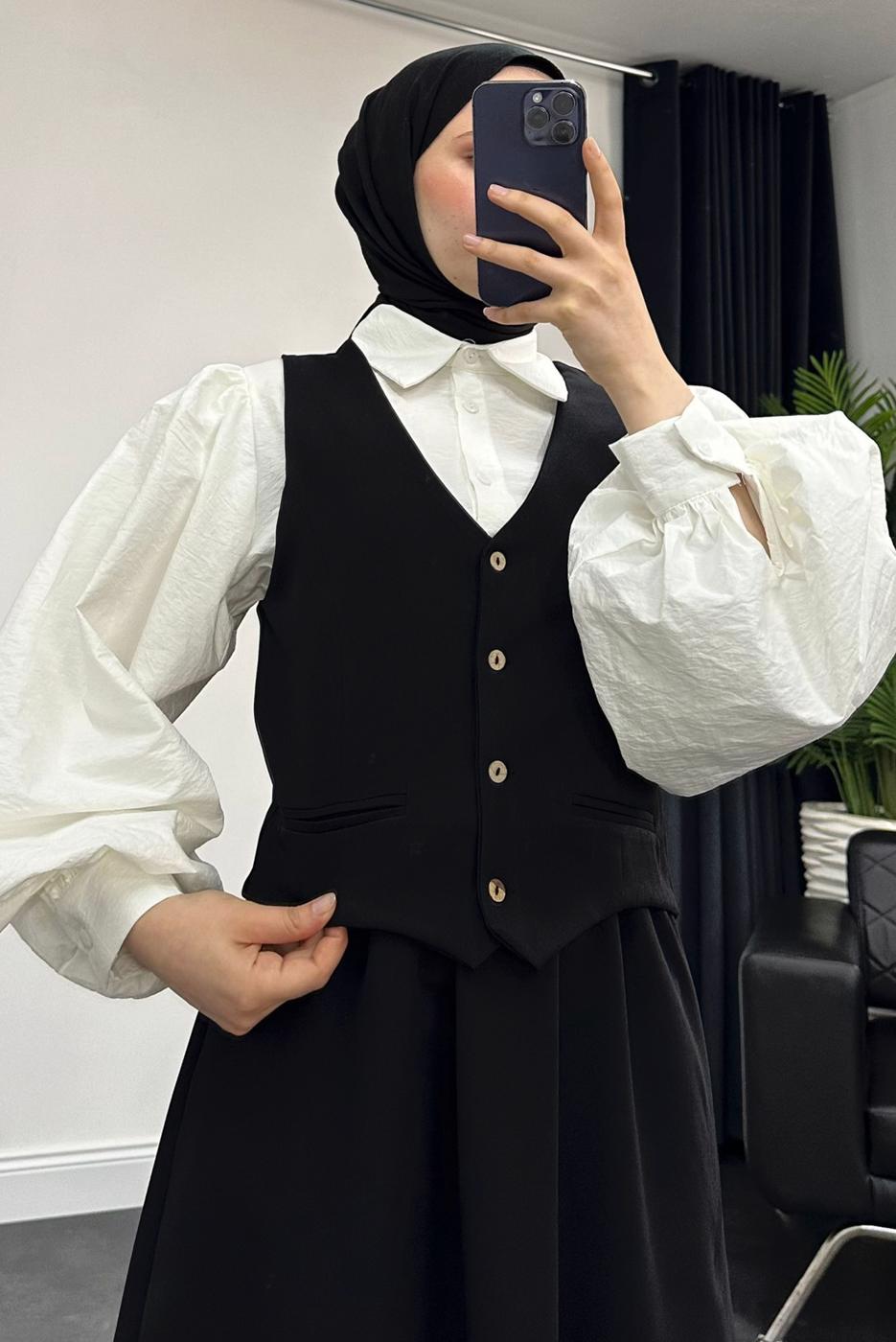 Tesettür giyim SİYAH YELEKLİ ETEKLİ TAKIM T 3835