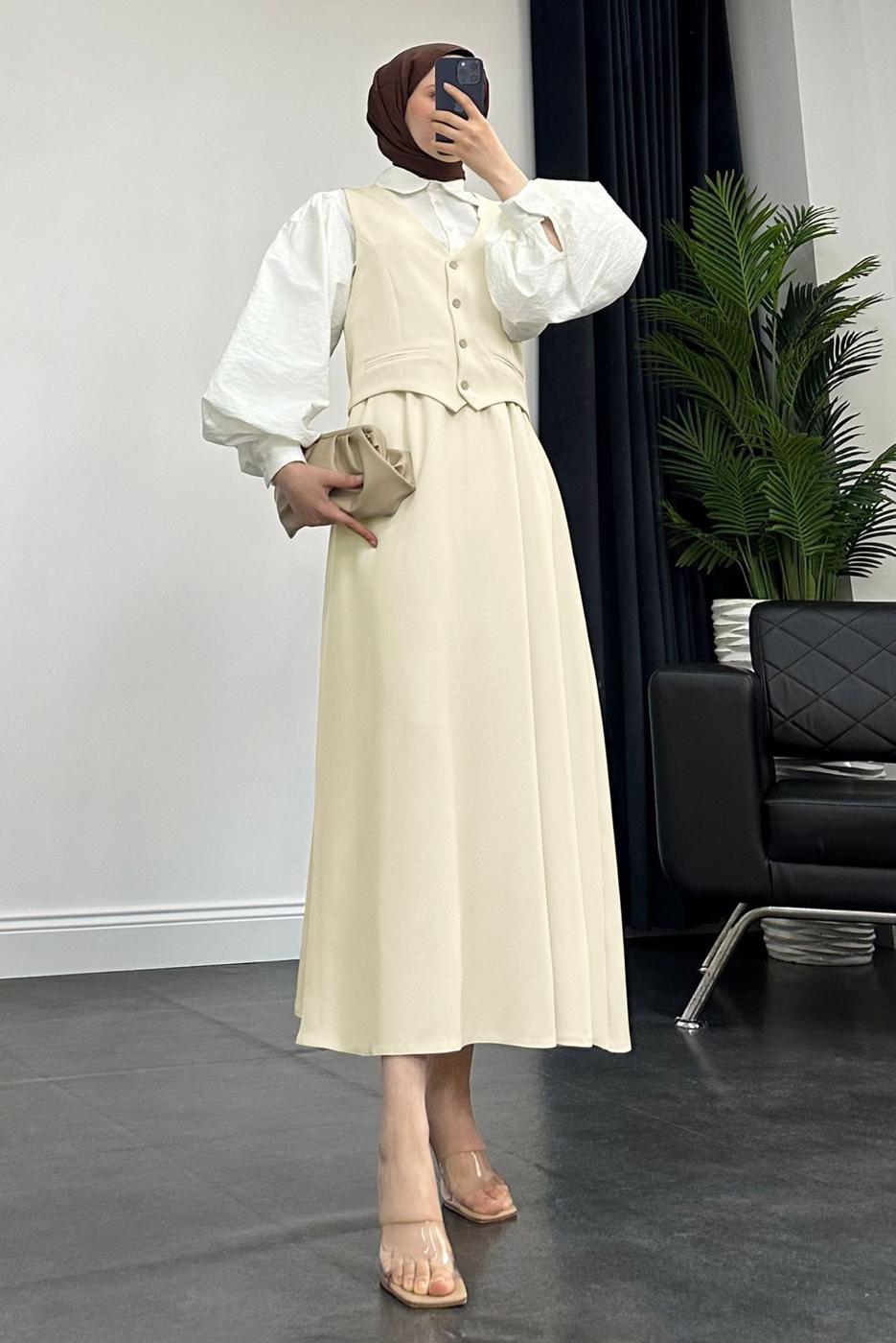 Tesettür giyim KREM YELEKLİ ETEKLİ TAKIM T 3835