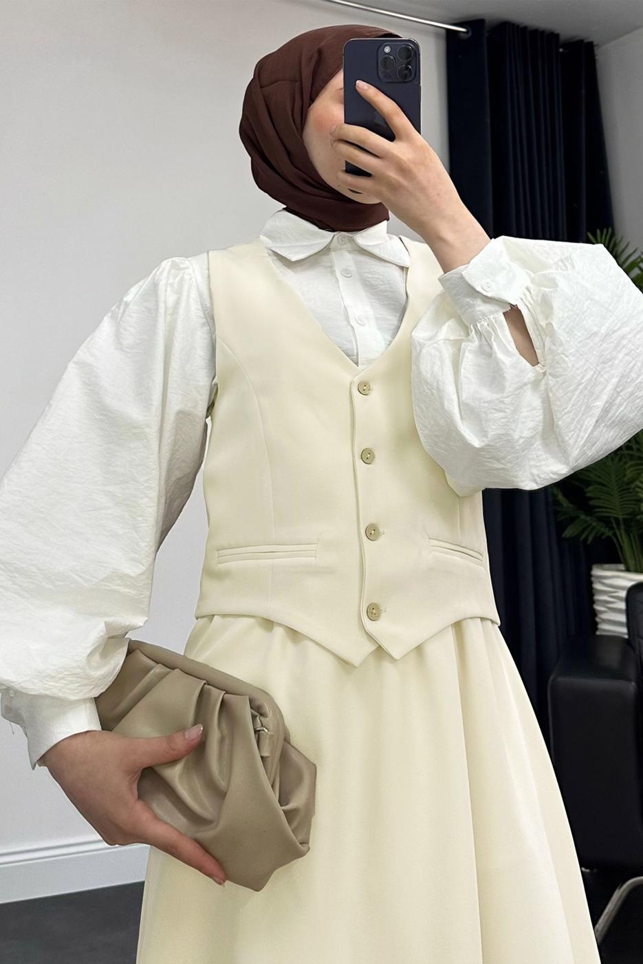 Tesettür giyim KREM YELEKLİ ETEKLİ TAKIM T 3835