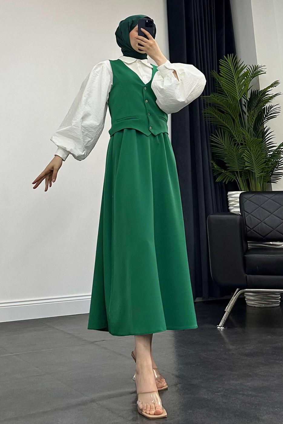 Tesettür giyim YEŞİL YELEKLİ ETEKLİ TAKIM T 3835
