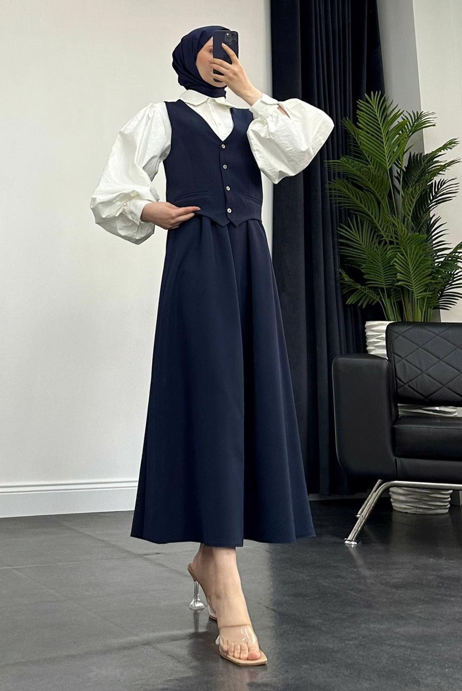 Tesettür giyim LACİVERT YELEKLİ ETEKLİ TAKIM T 3835